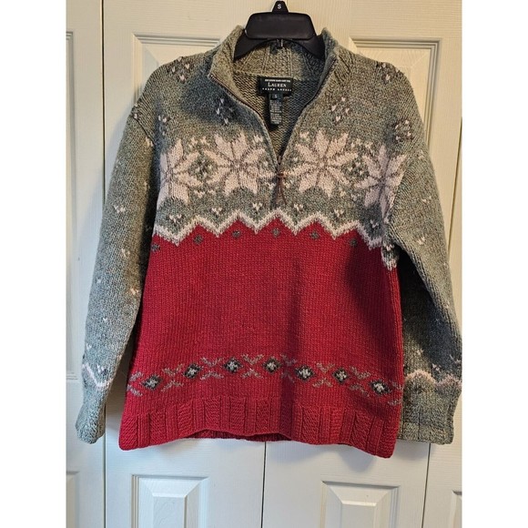 RALPH LAUREN Vintage Handknit Wool Quarter Zip Nordic Snowflake Winter Sweater S - Picture 1 of 7